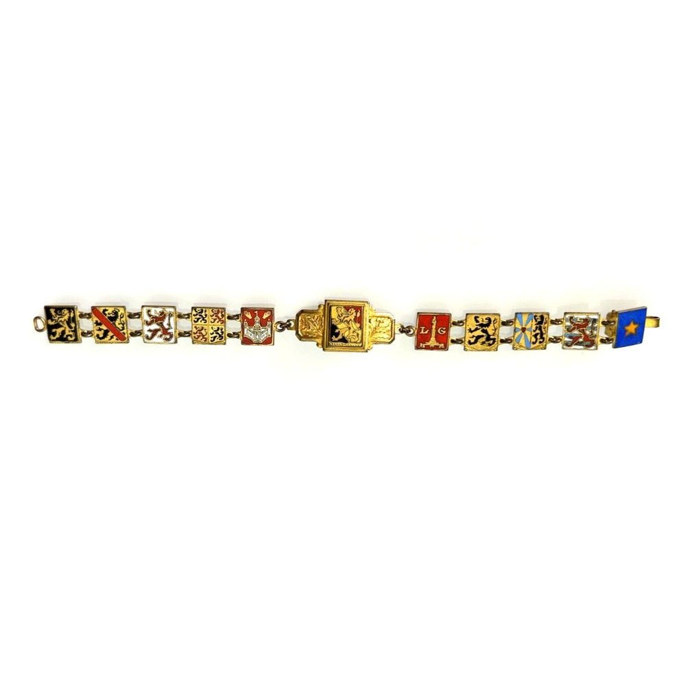 Vintage 60s Belgian Provinces Heraldry Enamel Souvenir Panel Bracelet Copper EUC